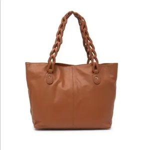 Leather Tote with Woven Straps - Beige / Tan